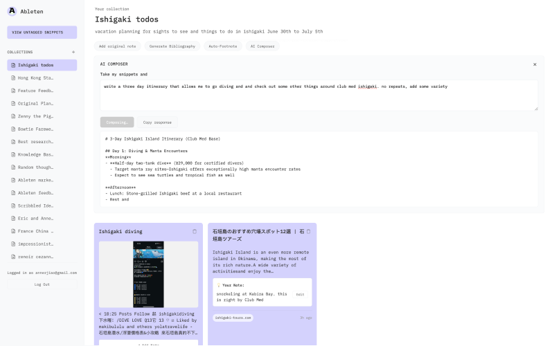 Screenshot of Ableten AI Composer generating a document from saved research sources