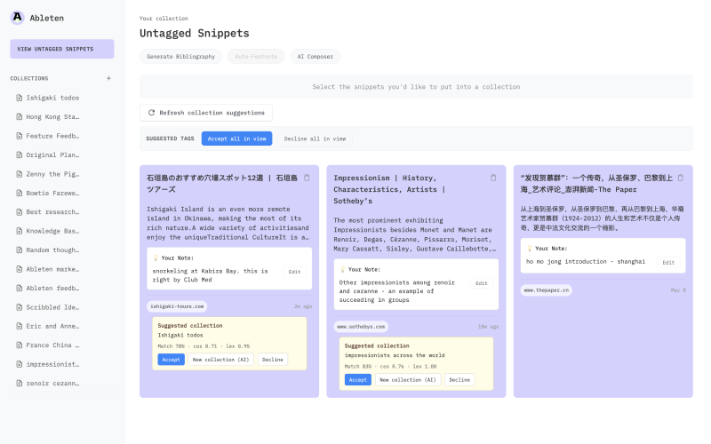 Screenshot of Ableten organizing saved highlights into research collections